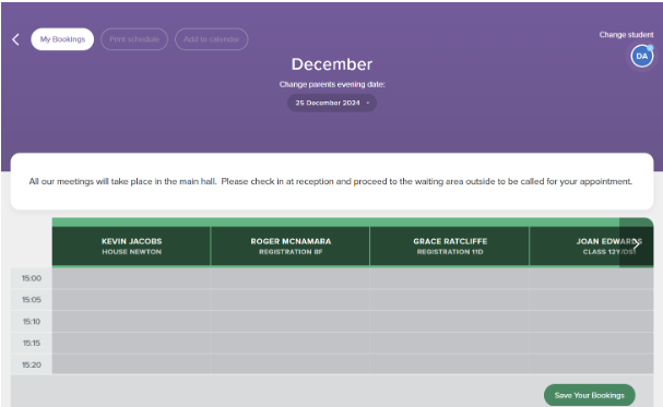 Screenshot of booking screen and save your booking button